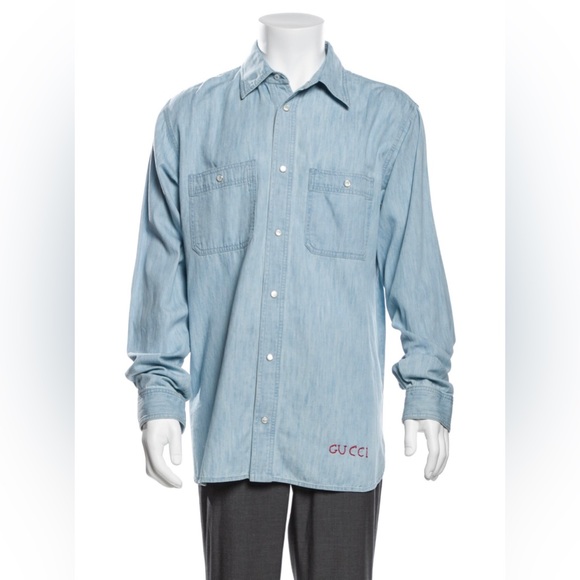 Gucci x MLB Graphic Print Pirates Denim Shirt in Light Blue Size XL New w/Tag - Picture 8 of 15